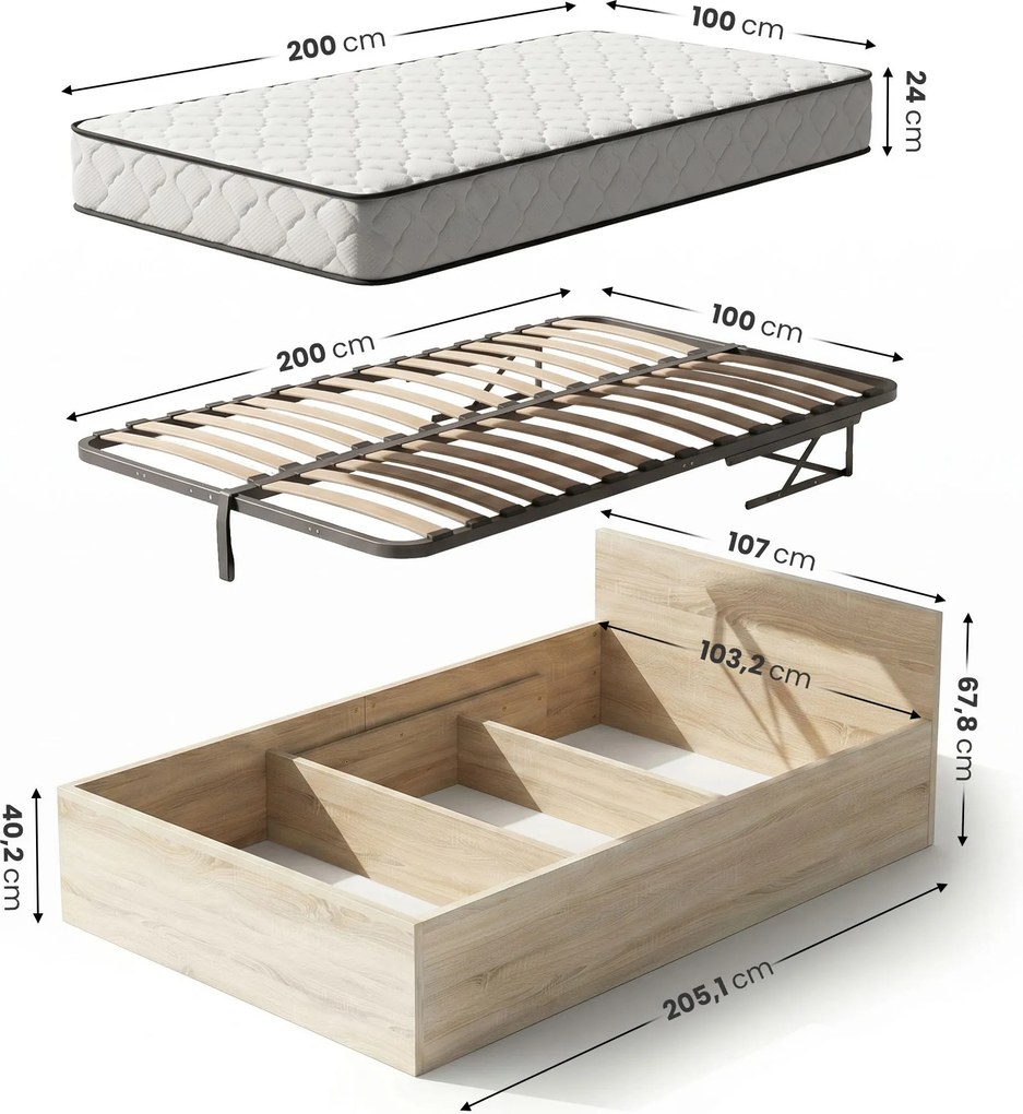Jednolůžková postel Trento 100x200 se zvedacím roštem a matrací dub Sonoma