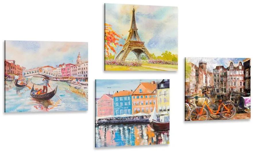 Set obrazov maľované mestá v pastelových farbách Varianta: 4x 40x40
