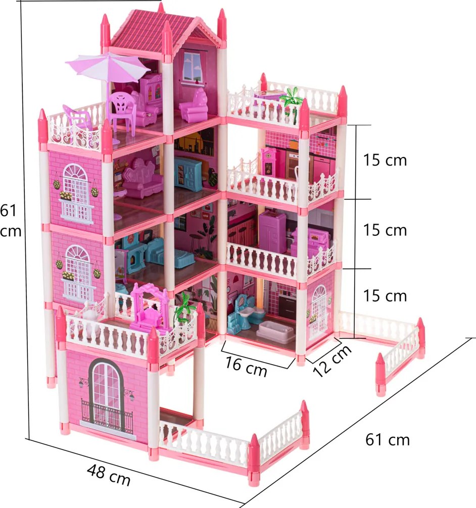 Domček pre bábiky KIK Ružová vila DIY, 4 poschodia s nábytkom, 61 cm