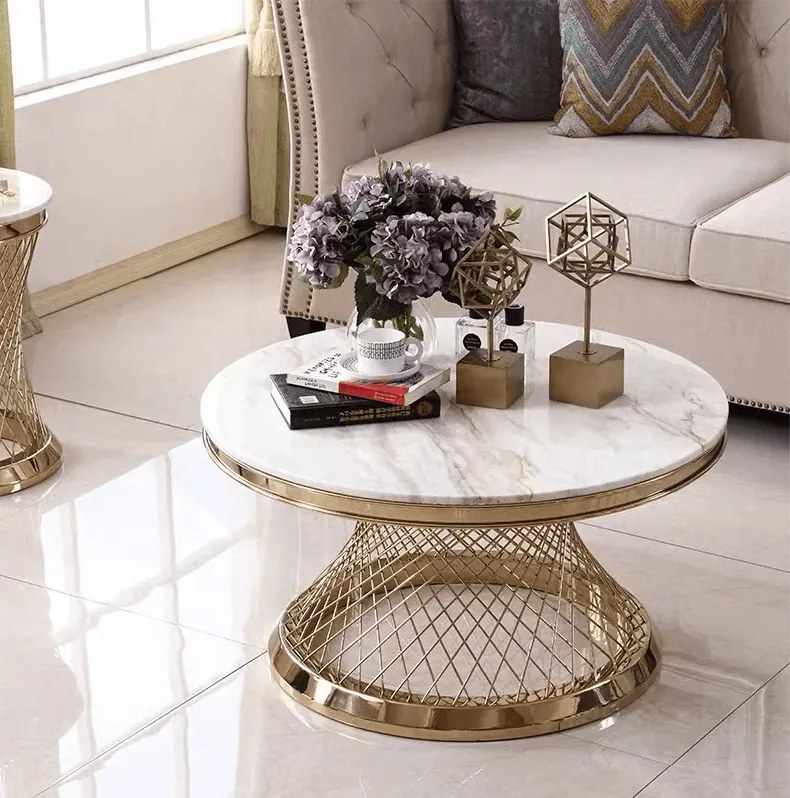 OKRÚHLY KONFERENČNÝ STOLÍK AUDREY BIELY MRAMOR + ZLATÝ 90 cm