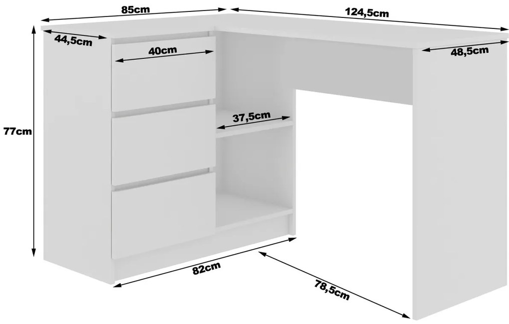 Rohový písací stôl B16 124 cm biely/dub sonoma ľavý