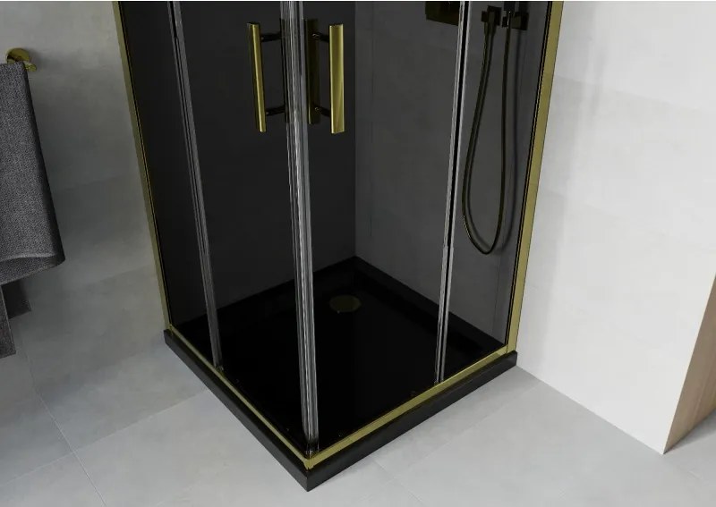 Mexen Rio, štvorcový sprchovací kút s posuvnými dverami 70(dvere) x 70(dvere) x 190 cm, 6mm šedé sklo, zlatý profil + čierna sprchová vanička SLIM, 860-070-070-50-40-4070G