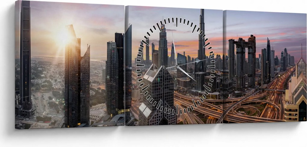 Obraz - Panorama Dubaja (s hodinami) (90x30 cm)