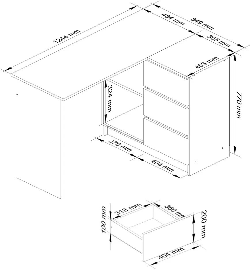 Rohový písací stôl B16 124 cm dub artisan pravý