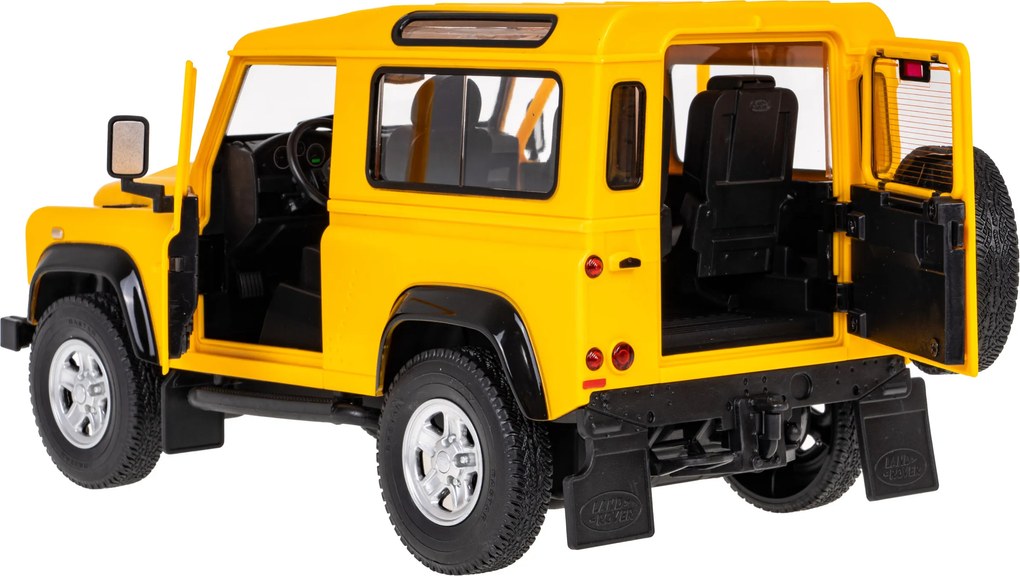 Land Rover Defender žltý RASTAR 1:14 model Auto na diaľkové ovládanie + 2,4 GHz diaľkové ovládanie + Manuálne otváranie dverí