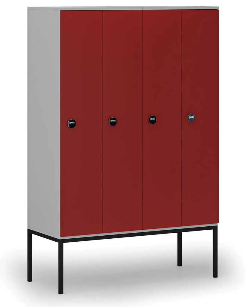 Drevená šatníková skrinka s podnožou, 4 oddiely, 1871 x 1200 x 500 mm, demont, RFID zámok, sivá / červená