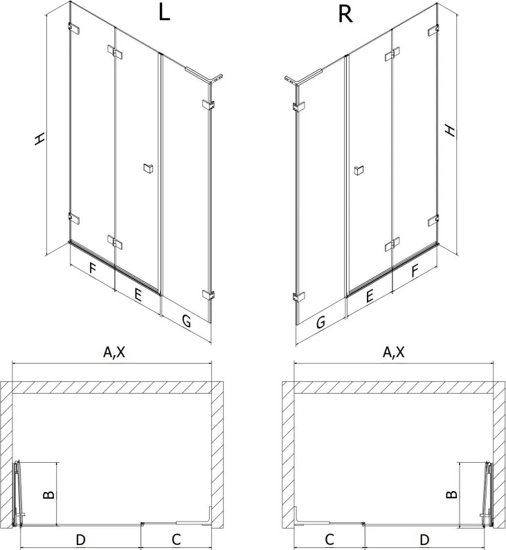 Mexen Lunar-F, L skladacie ľavé sprchové dvere 140 cm, 8mm číre sklo, oceľový profil, 836SL-140-050-97-00-L