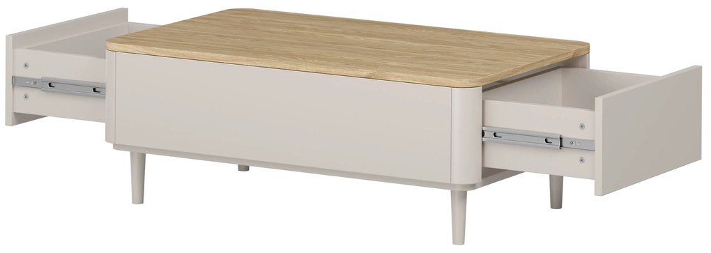 Konferenčný stolík so zásuvkami Elivo 100 cm na nožičkách - kašmír / olejovaný dub