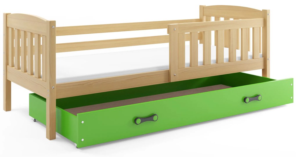 Interbeds Jednolôžková posteľ Kubus2 prírodná 190x90 s matracom a šuplíkom - zelená