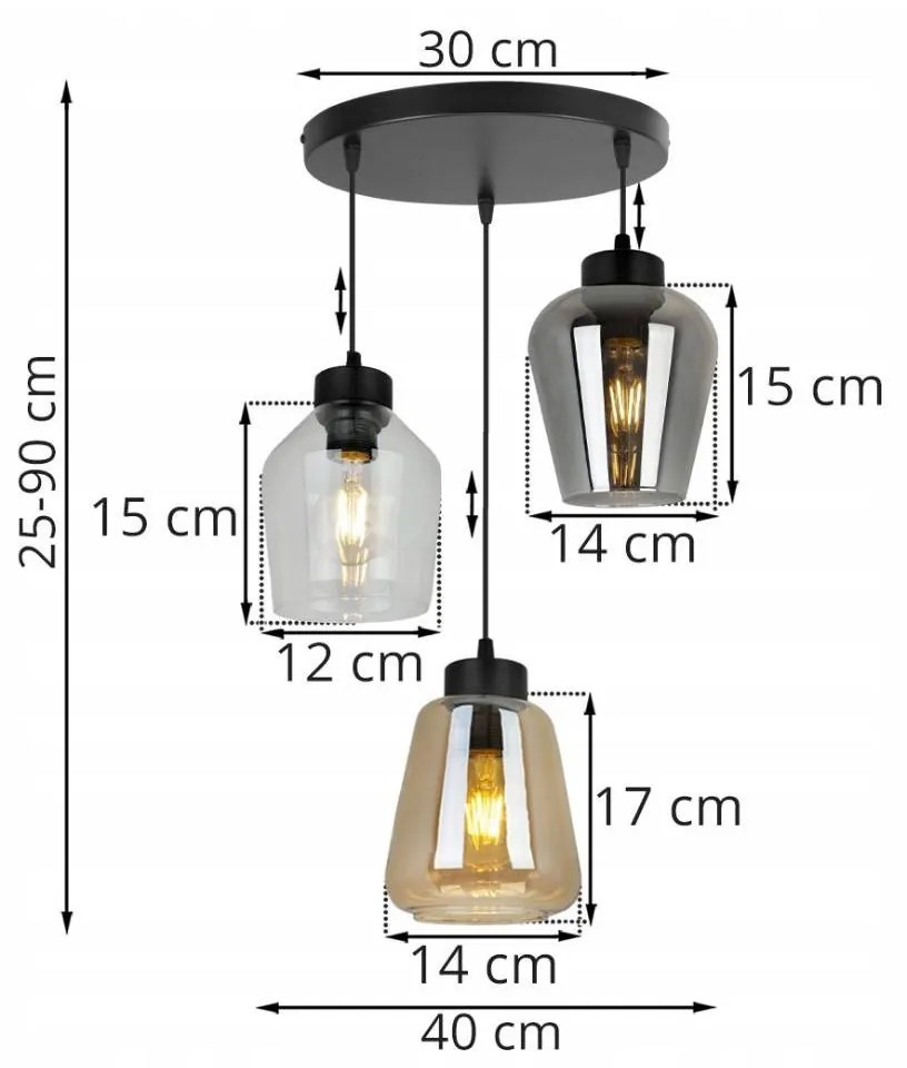 Závesné svietidlo RIJEKA 3, 3x sklenené tienidlo (mix 3 farieb), O