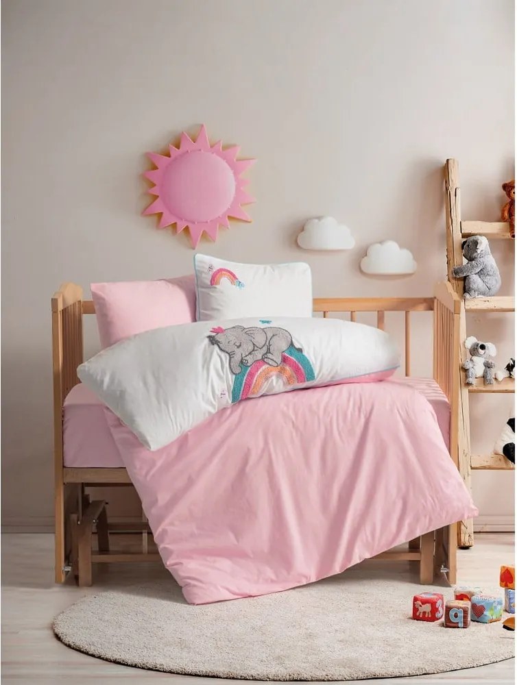 Biele/ružové bavlnené detské obliečky do postieľky s plachtou/4-dielne 100x150 cm Lucky – Mijolnir