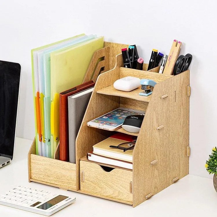 Drevený kancelársky organizér na dokumenty so 7 priehradkami a zásuvkou santalové drevo DIY QS206 Santalové drevo