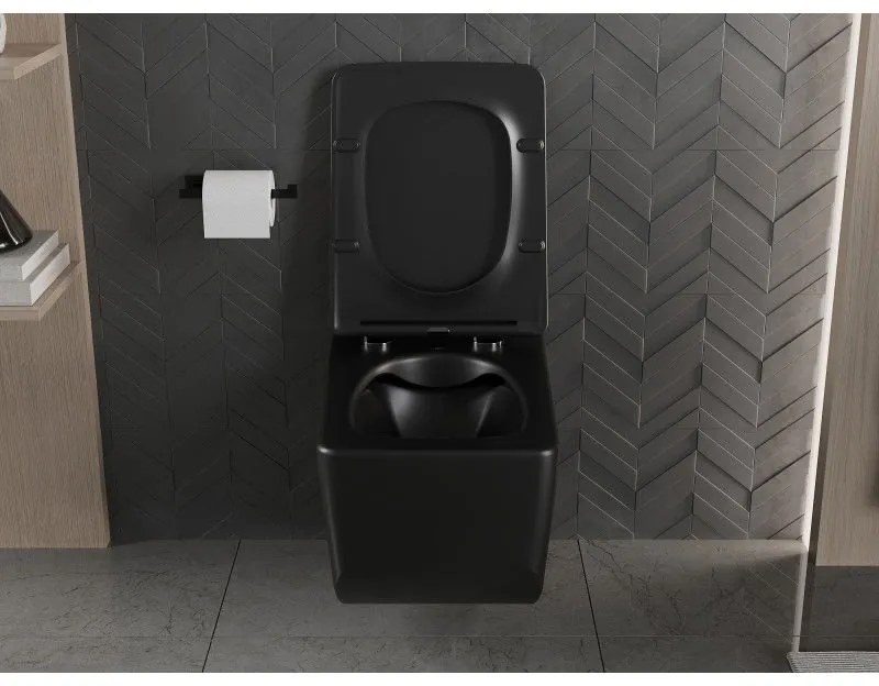 Mexen Vera, závesné WC Rimless 51 x 36 cm s pomaly padajúcim sedátkom z duroplastu, čierna matná, 30164070