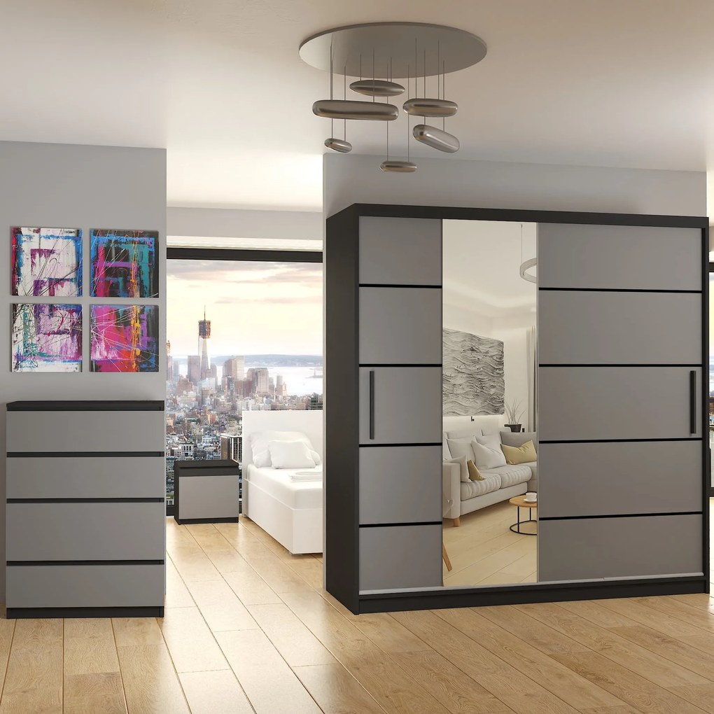 Šatníková skriňa 200 cm Belini čierny mat / šedý mat s posuvnými dverami zrkadlom a zásuvkami  MBP SZP5/1/B/SR/0/KLP