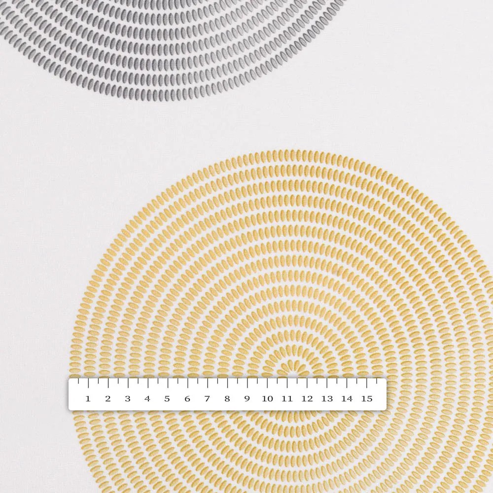 Biante Zamatový behúň na stôl Tamara TMR-023 Žlté a sivé designové kruhy na smotanovom 20x180 cm