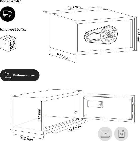 Hotelový trezor elektronický s kódovým zámkom, na notebook 15″ a dokumenty, 200 x420x370 mm: ALFRED