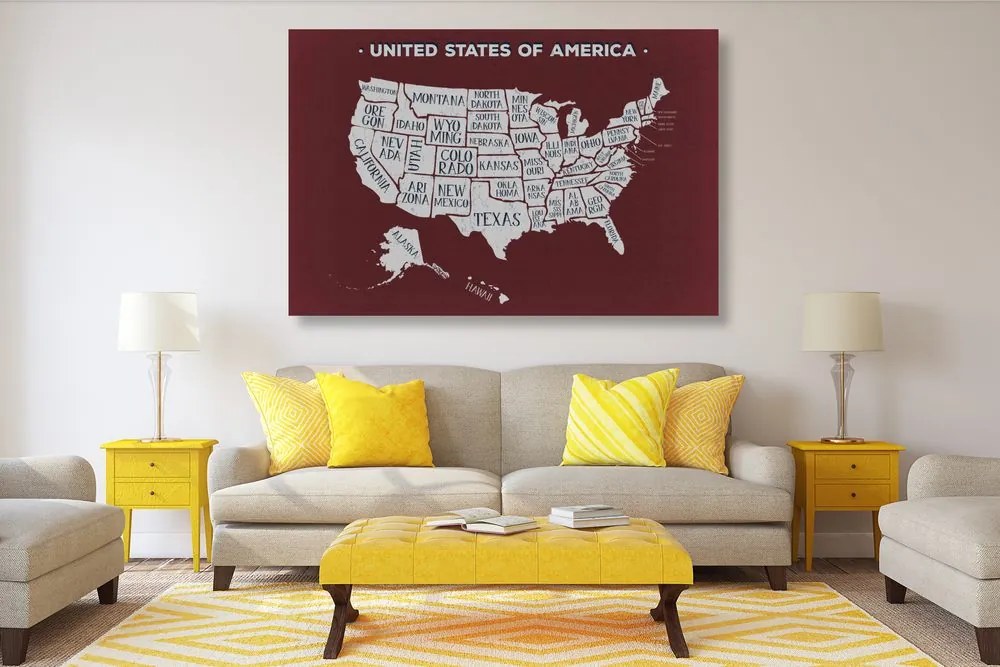 Obraz náučná mapa USA s bordovým pozadím Varianta: 90x60