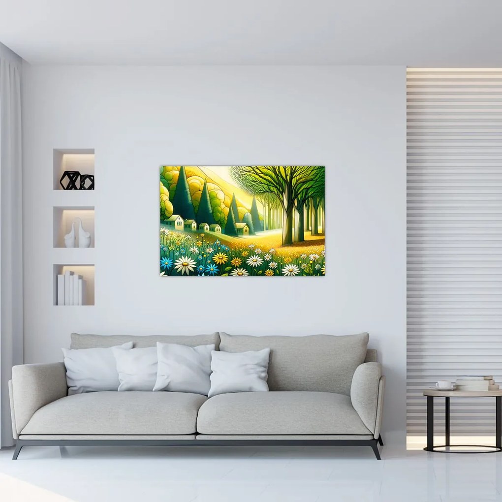 Obraz - Dedina v žlto-zelenej (90x60 cm)