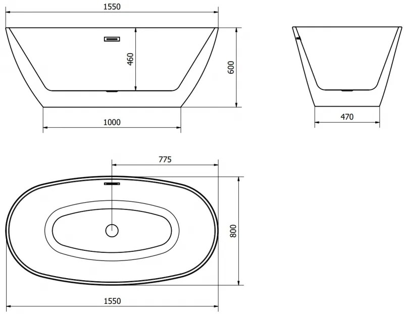 Mexen ERIS vaňa voľne stojaca 155x80x58 cm, biela, čierny prepad 53441558000-B - MEXEN