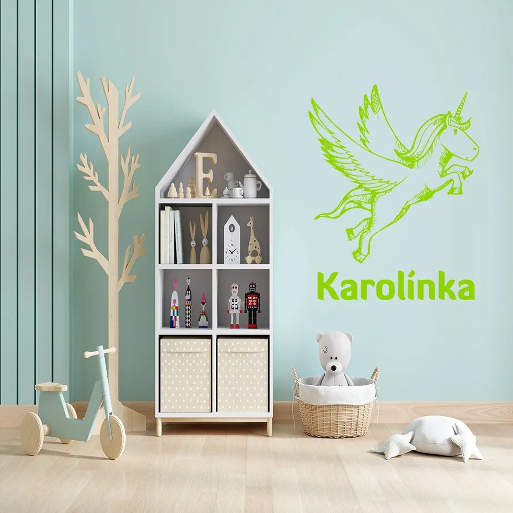 Veselá Stena Samolepka Jednorožec s menom Farba: oranžová, Veľkosť: 100 x 79 cm