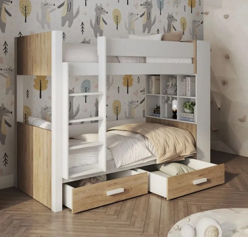 Detská poschodová posteľ z masívu borovice GASPAR so šuplíkmi a regálom - 200x90 cm - biela/dub shetland
