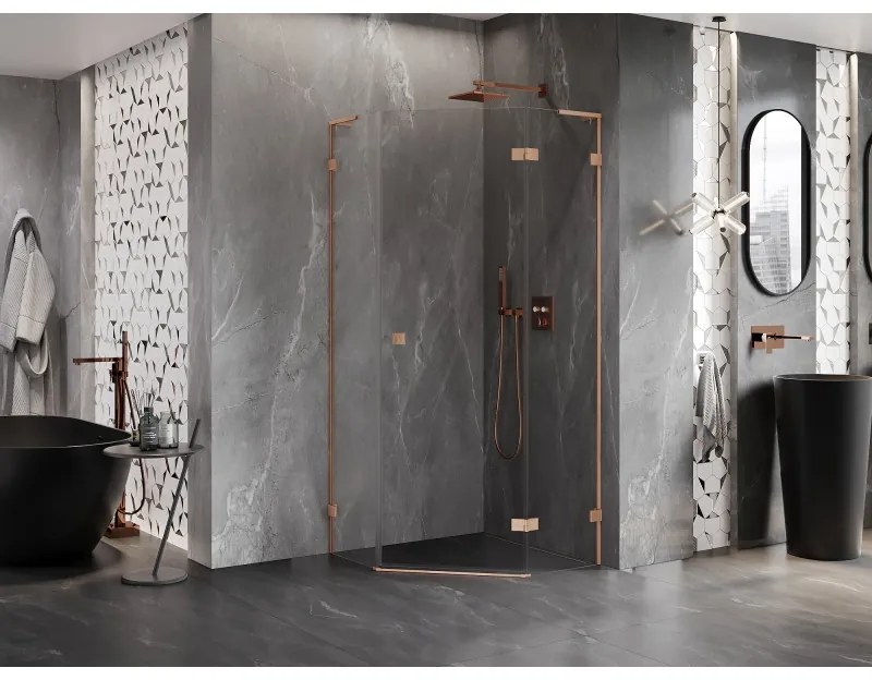 Mexen Lunar, L výklopný päťuholníkový sprchový kút pravý 90 x 90 cm, 8mm číre sklo, profil medená matná, 831L-090P-090L-65-00-P
