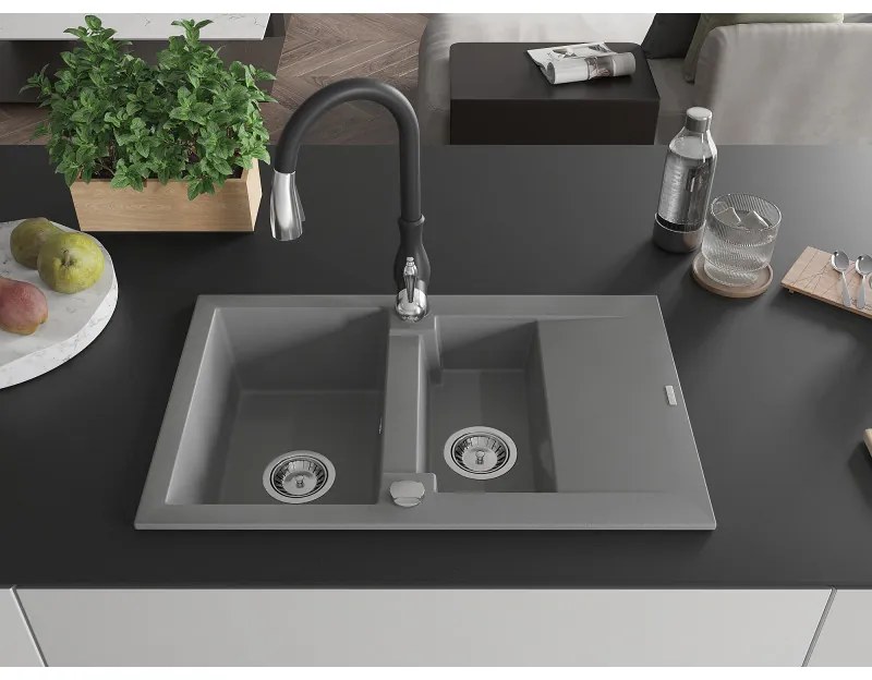 Mexen Gaspar, 1,5-komorový granitový drez 737x475x177 mm a drezová batéria Savita, šedá, 6507-71-672601-70