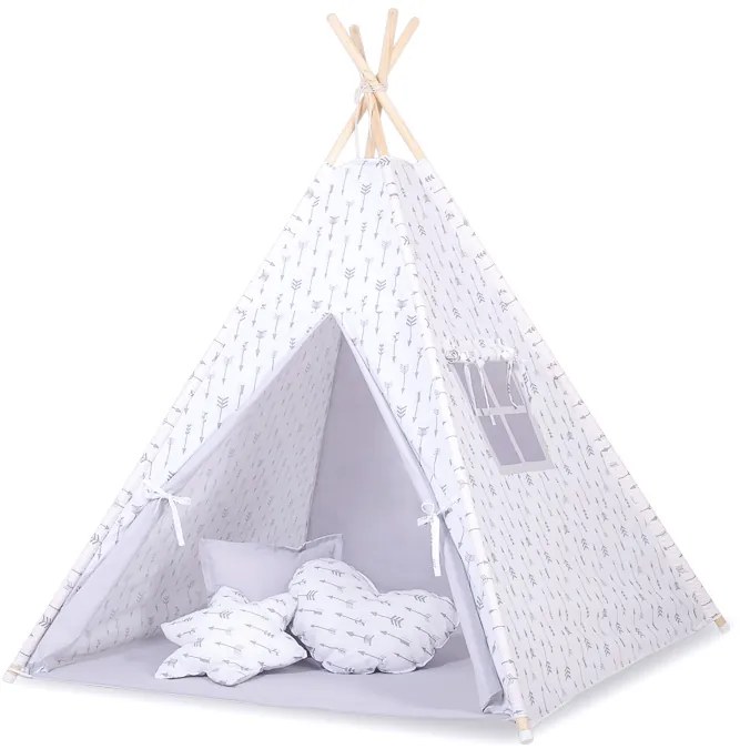 Bobono Stan Teepee pre deti + ozdobné perie - Sivé šípy