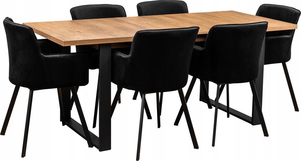 Komplet Loft Rozkladací Stôl 6 Stoličiek 190/150x80 Čierny/dub Lefkas