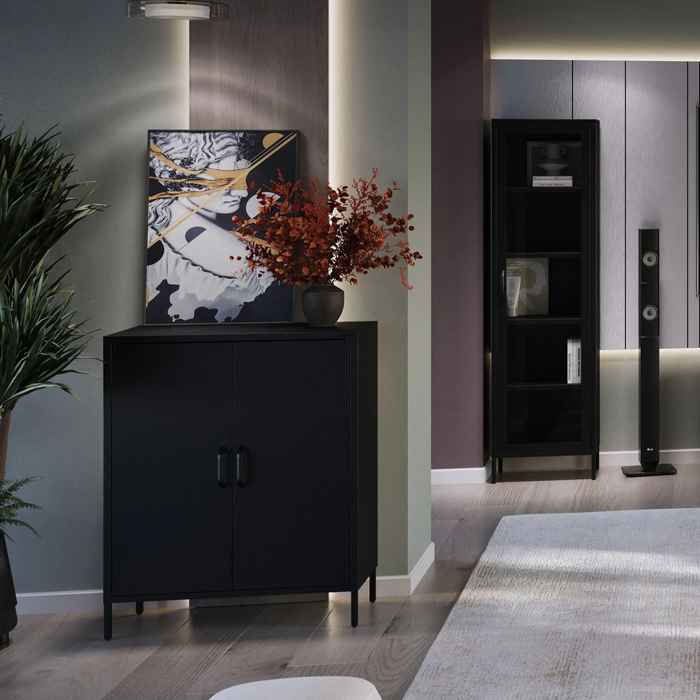 Čierna skrinka s policami na nožičkách kovová VITO Modern 800 x 1015 x 400 mm