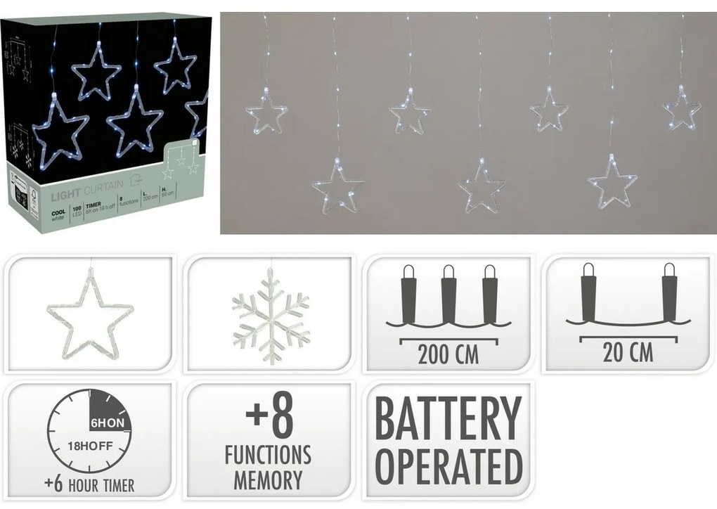 Svetelný vonkajší záves Stars, 200x60cm, LED, studená biela, časovač, 8 funkcií, na batérie, 200 cm