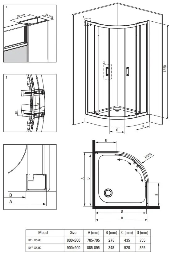 Deante Funkia, štvrťkruhový sprchový kút s posuvnými dverami 90x90 cm, výška 185cm, 5mm číre sklo, chrómový profil, KYP_051K