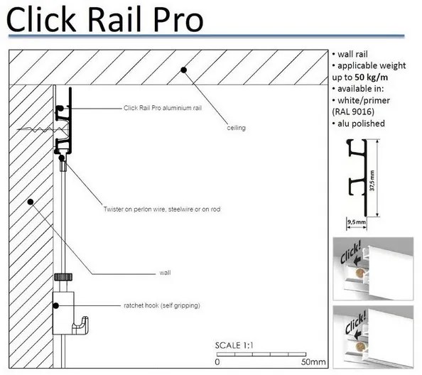 Závěsný systém na obrazy - SET Click Rail PRO hliník (6x ocel 6x AG)