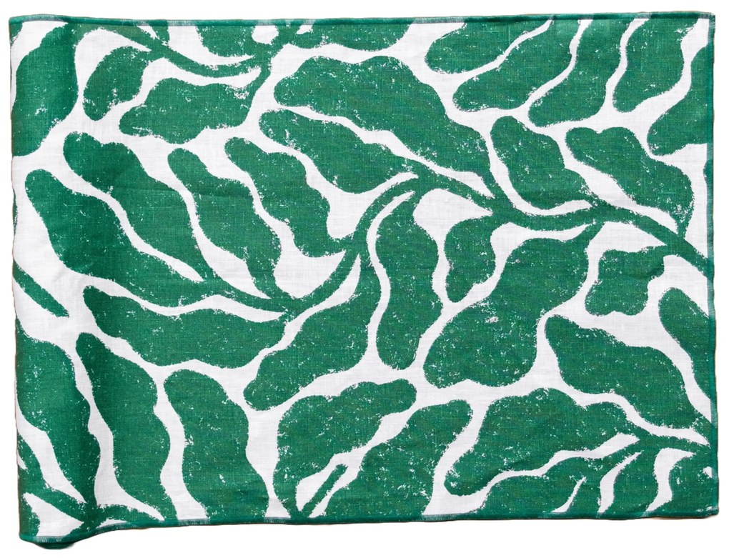 Fine Little Day Ľanový behúň na stôl Leaves Green 47 x 180 cm