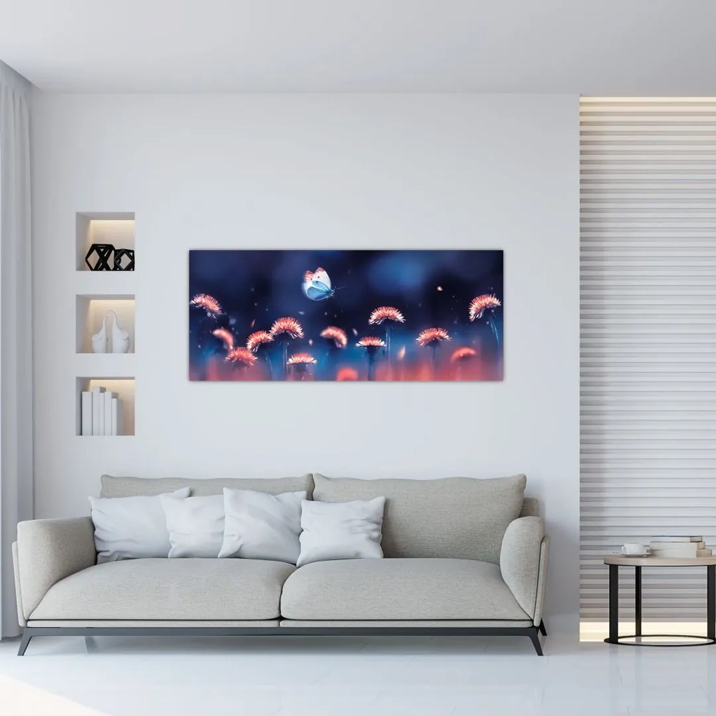 Obraz púpav s modrým motýľom (120x50 cm)