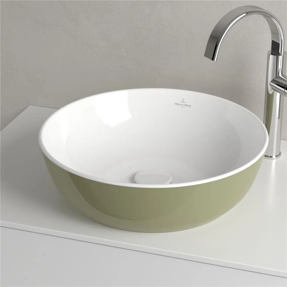 VILLEROY &amp; BOCH Artis okrúhle umývadlo na dosku bez otvoru, bez prepadu, priemer 430 mm, Sage Green, 417943BCS8