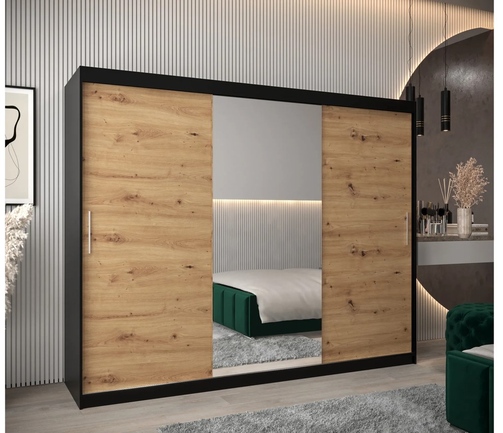 Šatníková skriňa 250 cm Toki 1 (Čierna matná + Dub artisan). Akcia -52%. Vlastná spoľahlivá doprava až k Vám domov. 1064949