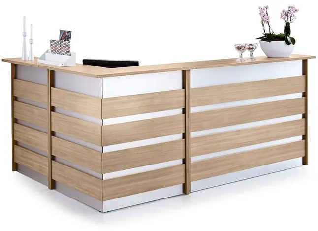 Kompletný recepčný pult INVITE, rohový tvar L, pravý, dub