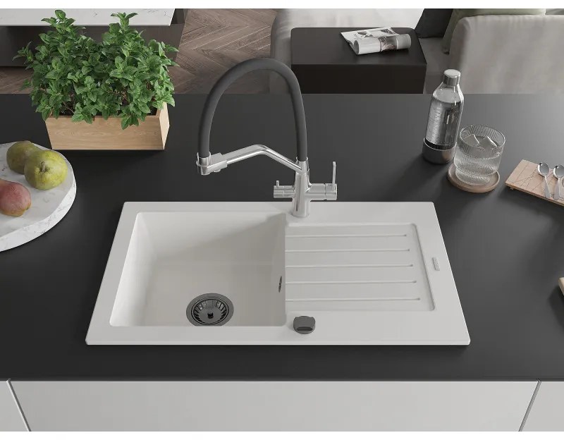 Mexen Pablo, granitový drez 752x436x161 mm, 1-komorový a drezová batéria Duo, biela, 6510-20-671701-07-B