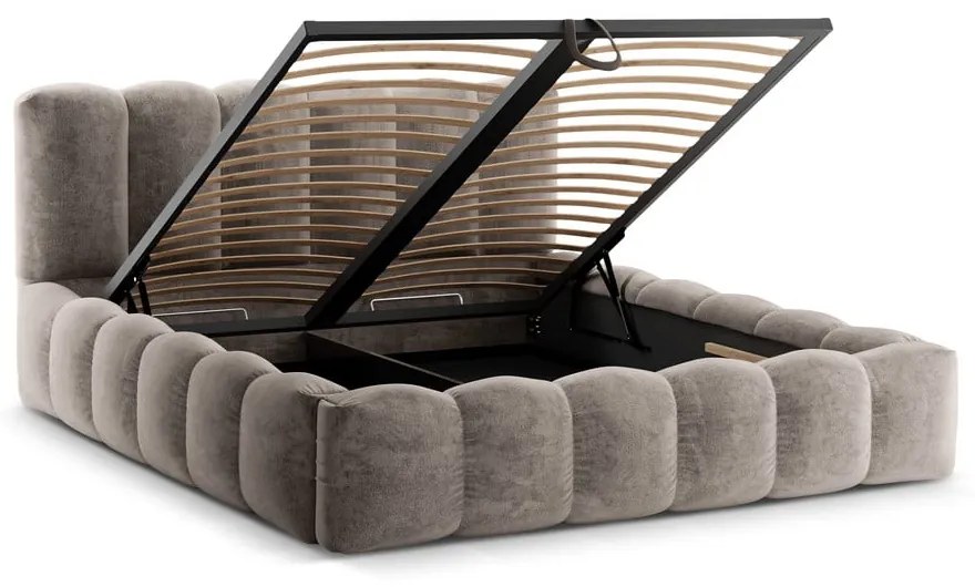 Svetlohnedá čalúnená dvojlôžková posteľ s úložným priestorom a roštom 200x200 cm Lupine – Micadoni Home