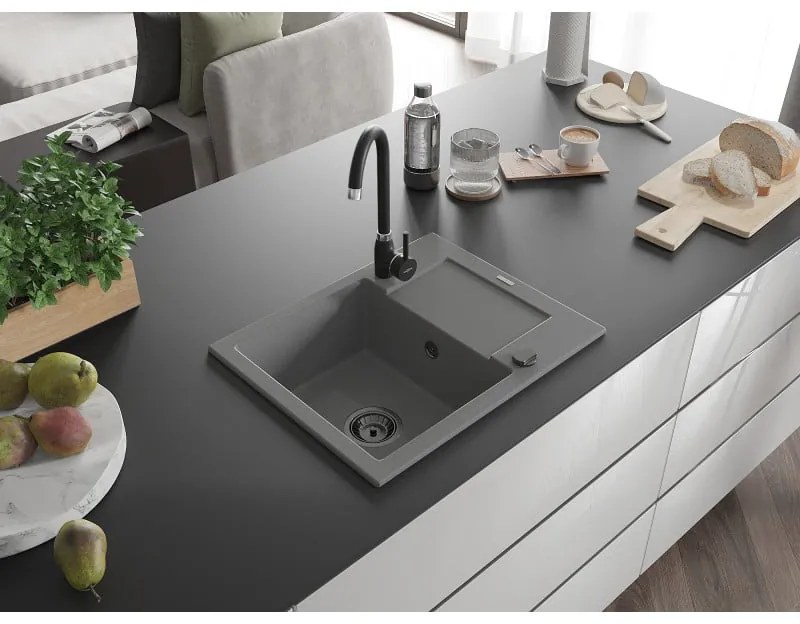 Mexen Enzo, granitový drez 576x465x174 mm, 1-komorový, čierna batéria Telma, šedá, 6506-71-670200-70-B