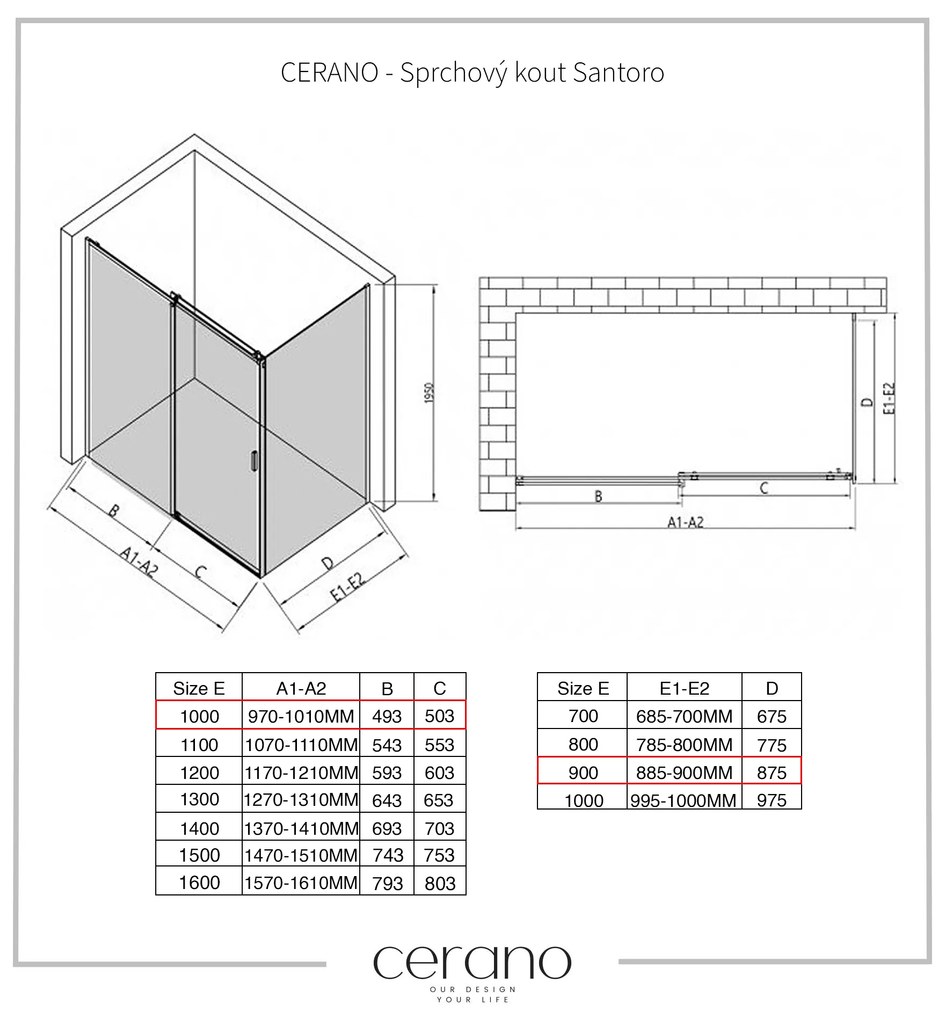 CERANO - Sprchovací kút Santoro Ľ/P - 8 mm - chróm, transparentné sklo - 100x90 cm - posuvný, CER-CER-8050BD7348