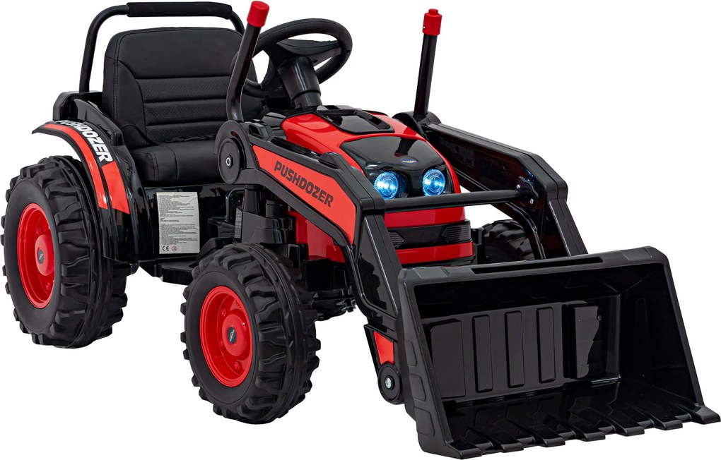 Ramiz Detský traktor na batérie Červený + pohyblivé rameno s lyžicou + diaľkové ovládanie + pomalý štart + FM rádio + LED