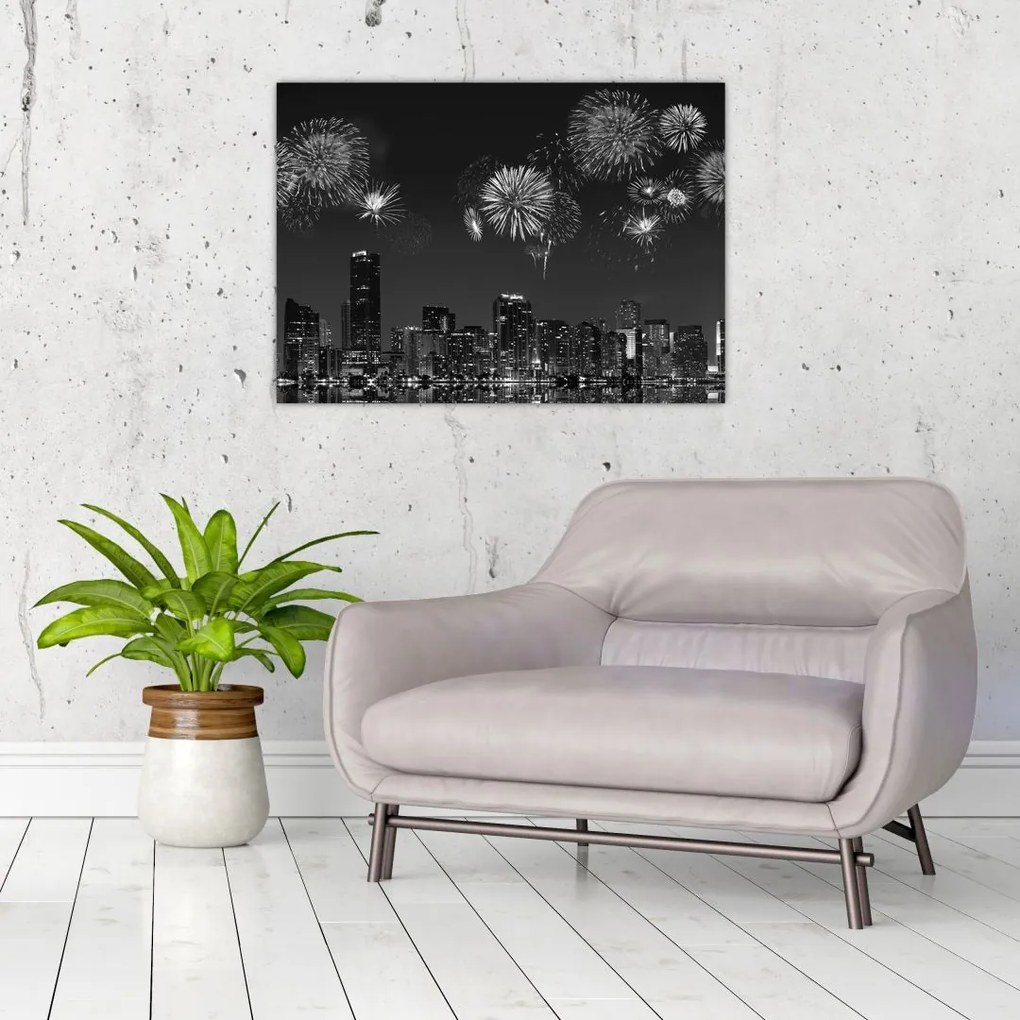 Sklenený obraz - Ohňostroj v Miami, čiernobiela (70x50 cm)