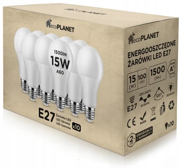 10x LED žiarovka ecoPLANET - E27 - A60 - 15W - 1500Lm - neutrálna biela