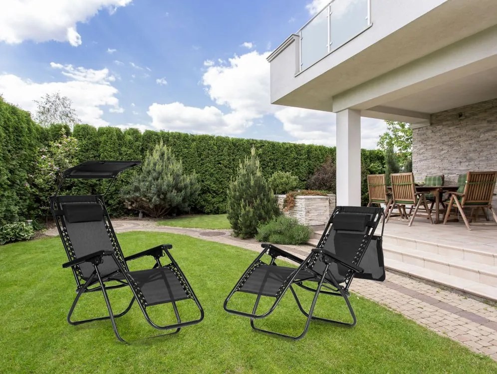 Nastaviteľné skladacie záhradné ležadlo s strieškou, čierne, ModernHome