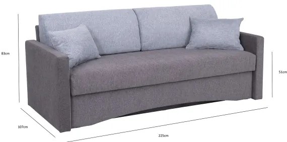 Čalúnená rozkladacia trojmiestná pohovka PAUL na každodenné spanie s opierkami na ruky sivá