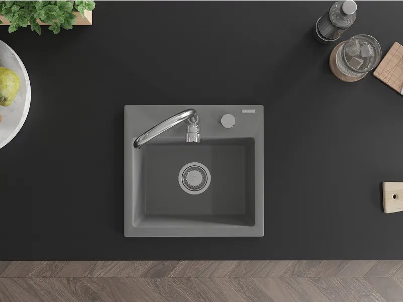 Mexen Milo, 1-komorový granitový drez 43,5x41 cm a kuchynská batéria Telma, šedá, 6505-71-670200-00