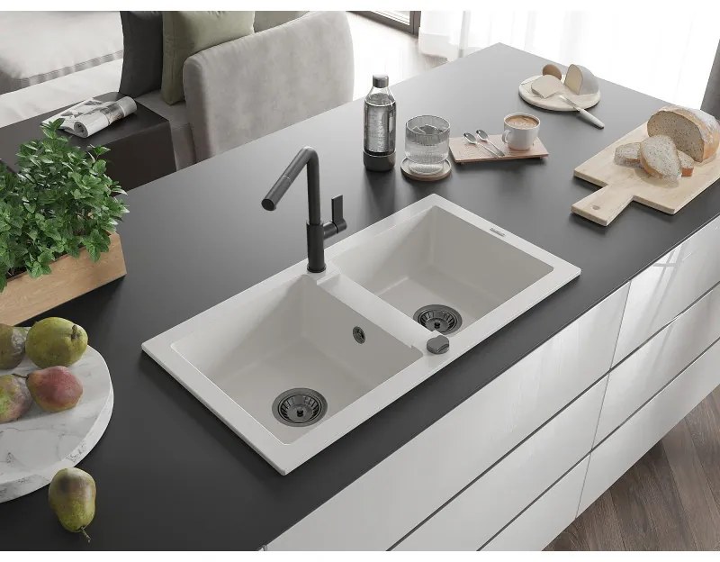 Mexen Mario, 2-komorový granitový drez 820x436x161 mm a drezová batéria Flora, biela, 6504-20-670401-70-B