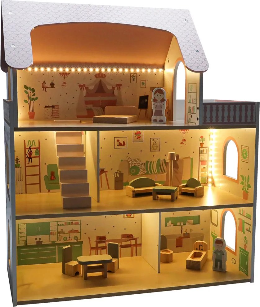 KIK LULILO Peonio drevený domček pre bábiky 70 cm s LED osvetlením a balkónom, ružový